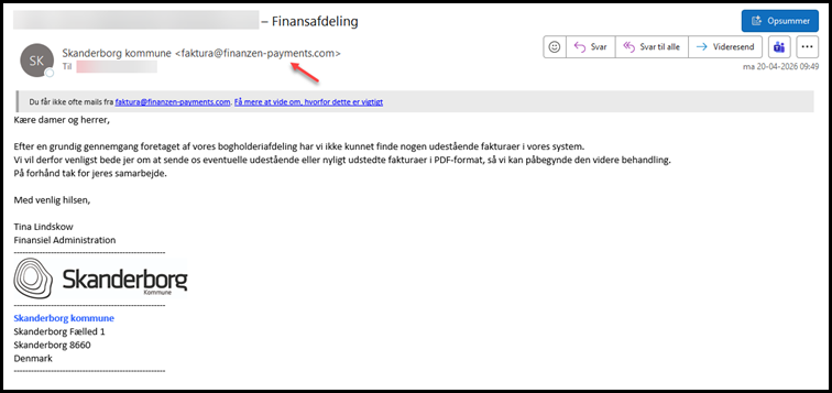 Screenshot af svindelmail, hvor man kan se en suspekt mailadresse. 